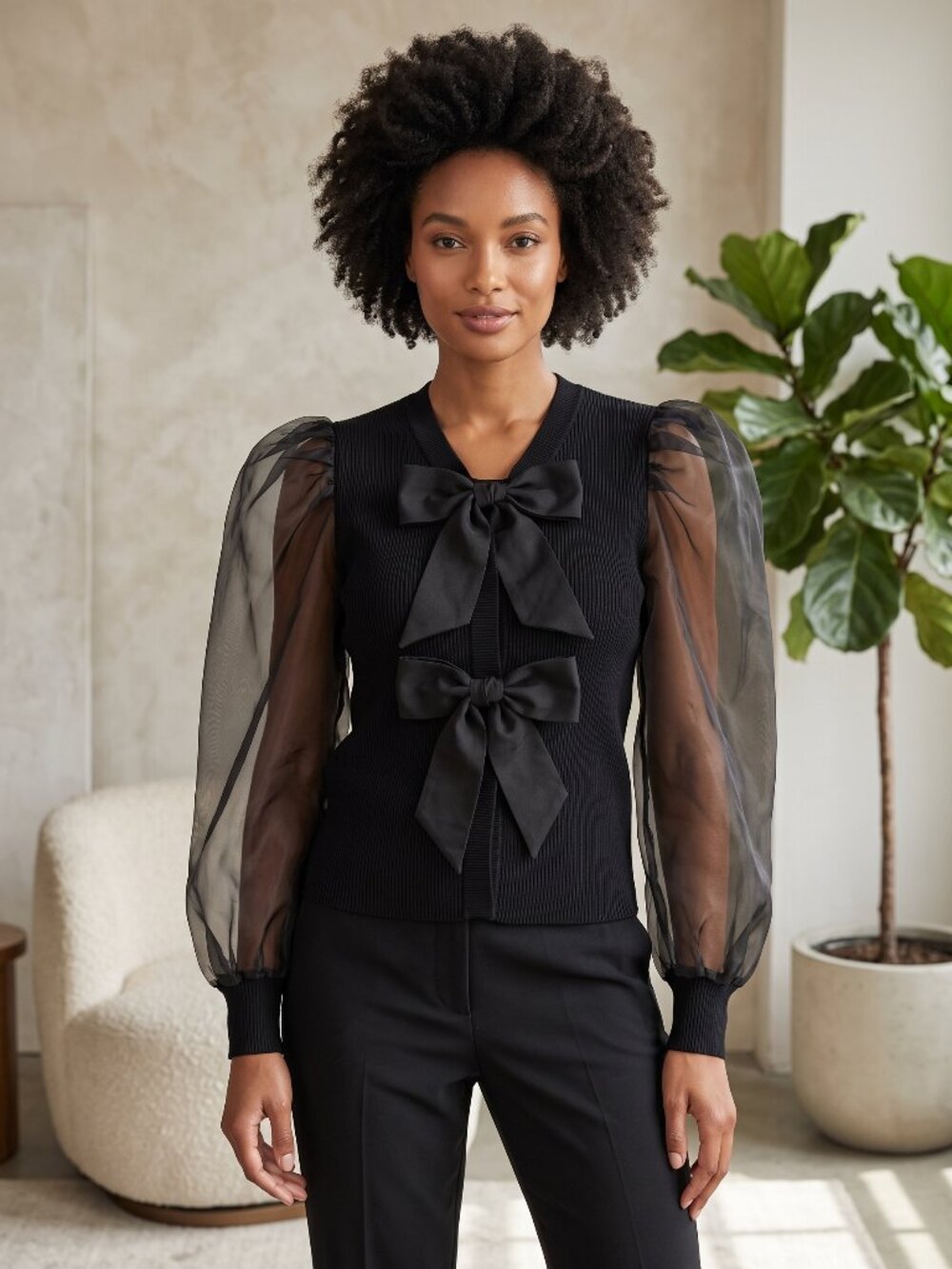 NWT H by Halston Sheer Organza Puff Sleeve Bow Tie Cardigan Blouse Black L